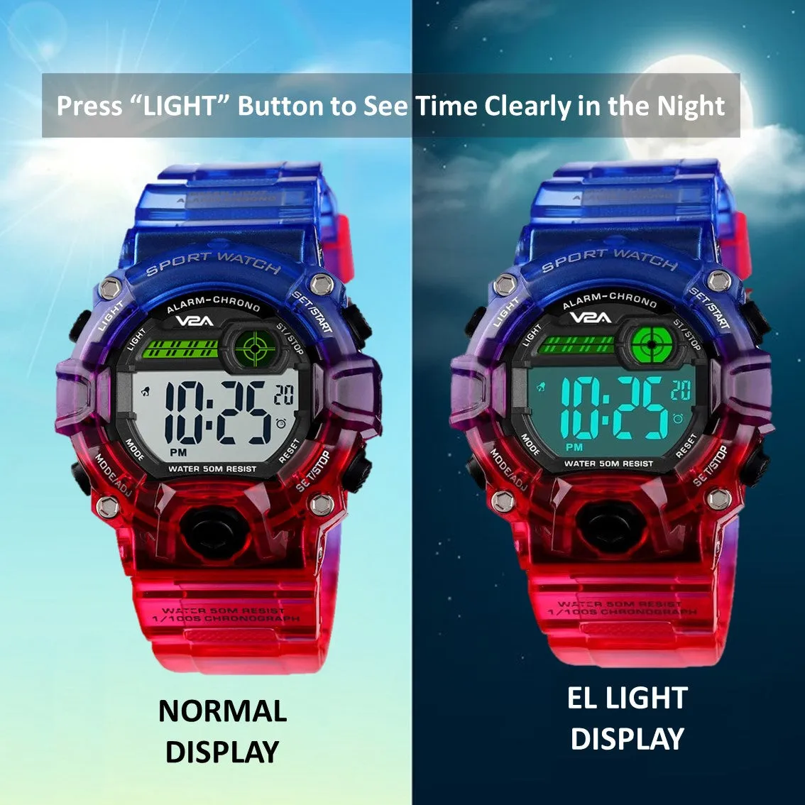 V2A Digital 5ATM Waterproof Kids Sports Watch with Backlight Alarm Stopwatch for Boys and Girls (White Dial with Red and Blue Colored Strap)