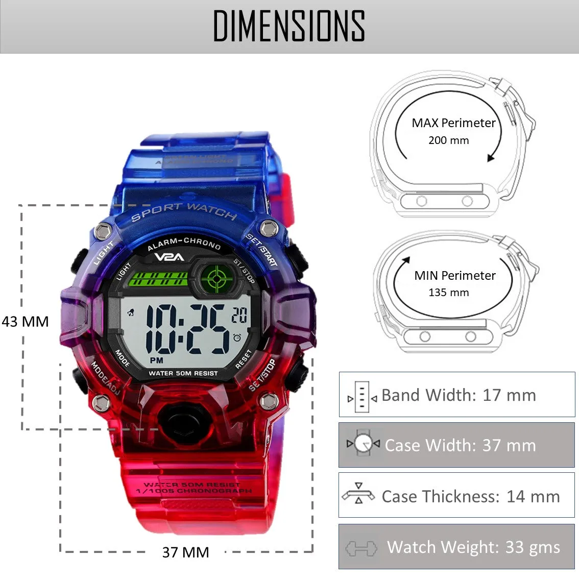 V2A Digital 5ATM Waterproof Kids Sports Watch with Backlight Alarm Stopwatch for Boys and Girls (White Dial with Red and Blue Colored Strap)