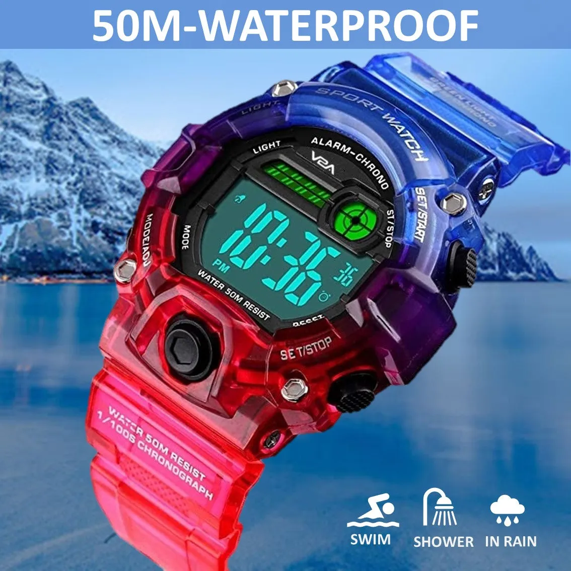 V2A Digital 5ATM Waterproof Kids Sports Watch with Backlight Alarm Stopwatch for Boys and Girls (White Dial with Red and Blue Colored Strap)