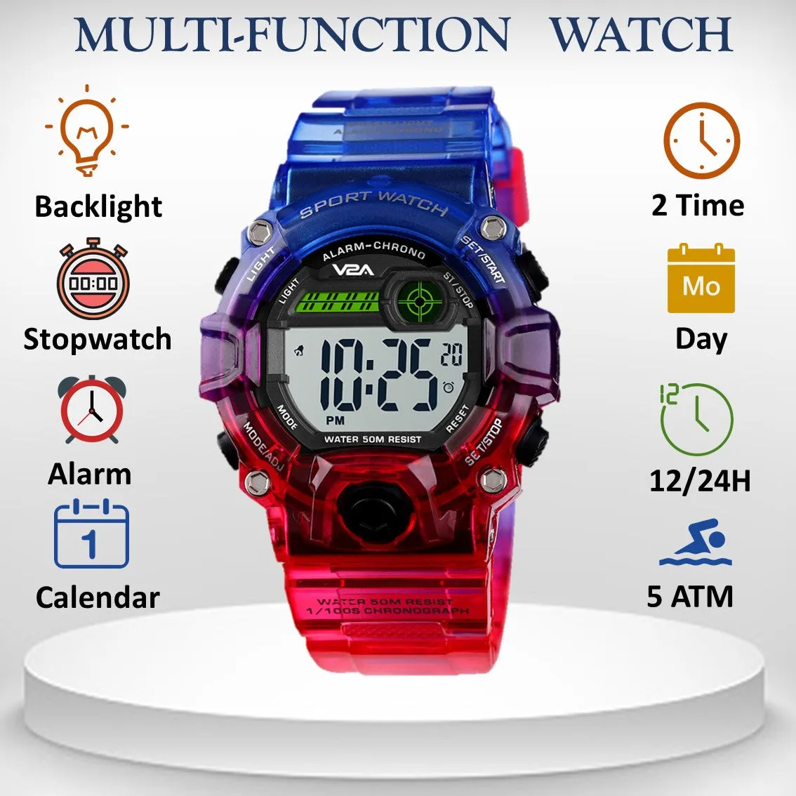 V2A Digital 5ATM Waterproof Kids Sports Watch with Backlight Alarm Stopwatch for Boys and Girls (White Dial with Red and Blue Colored Strap)