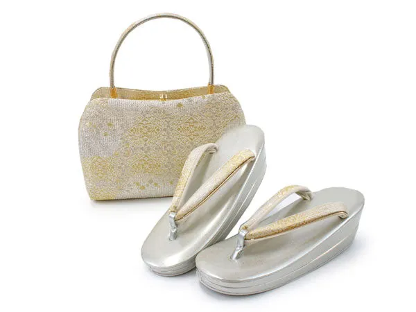 Women's Japanese kimono zori sandals and silk bag set for TEA ceremony【Gold, silver】